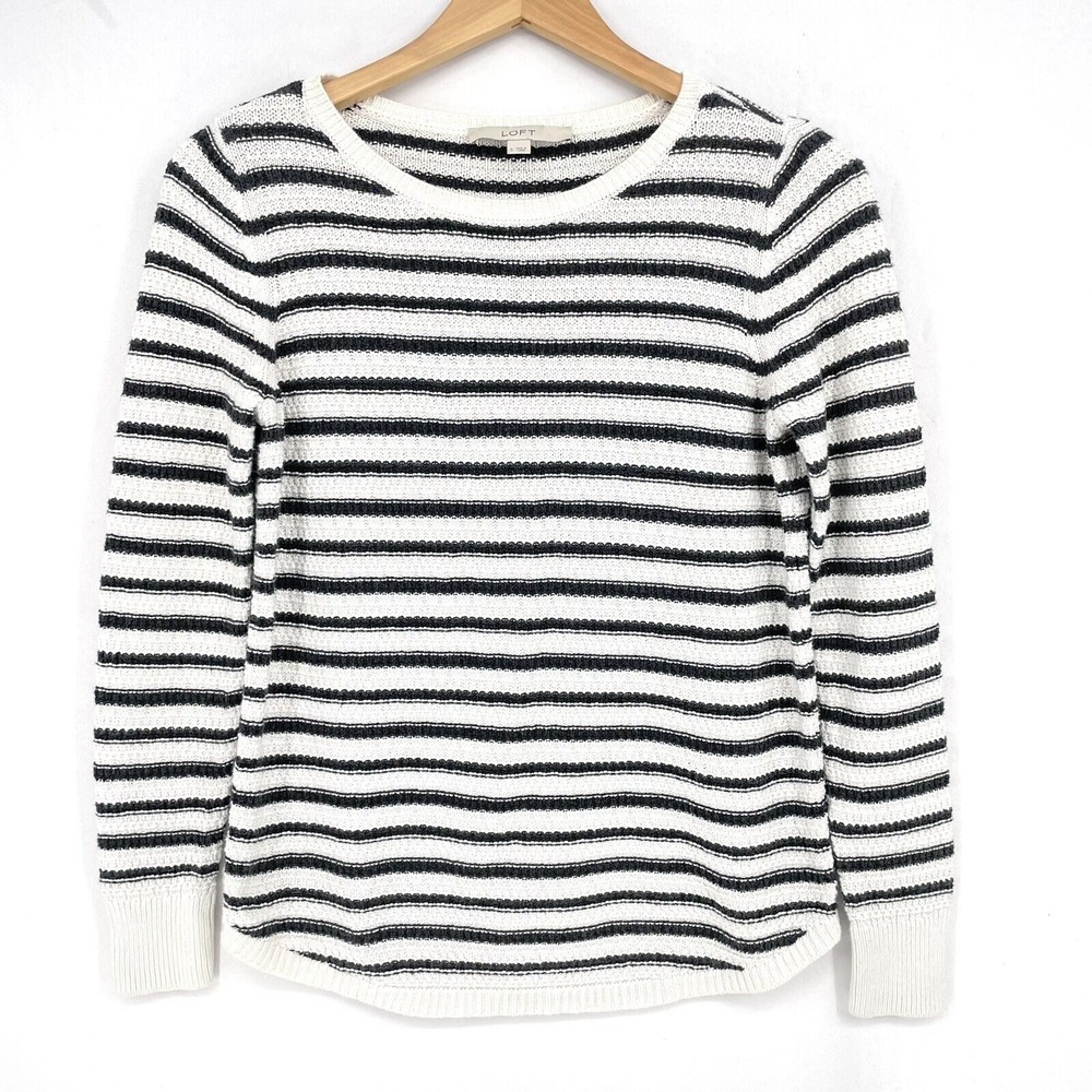 Loft Black White Stripe Waffle Knit Pullover Sweater Women's Small Crew Neck Top